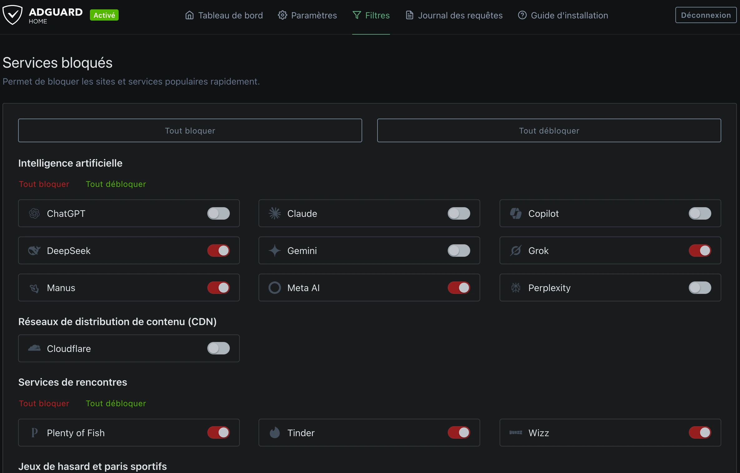 Interface AdGuard Home — liste des services filtrés