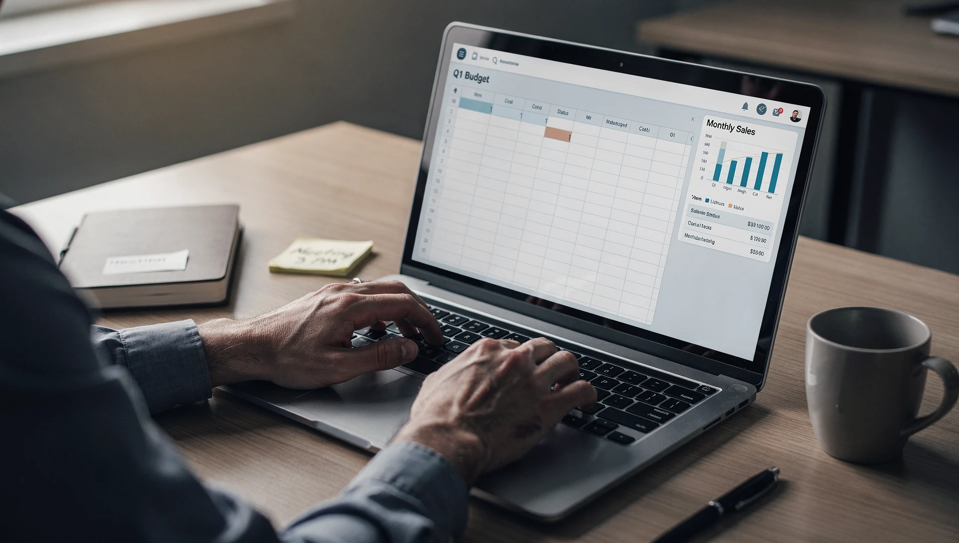 Mains sur clavier, dashboard visible, bureau PME