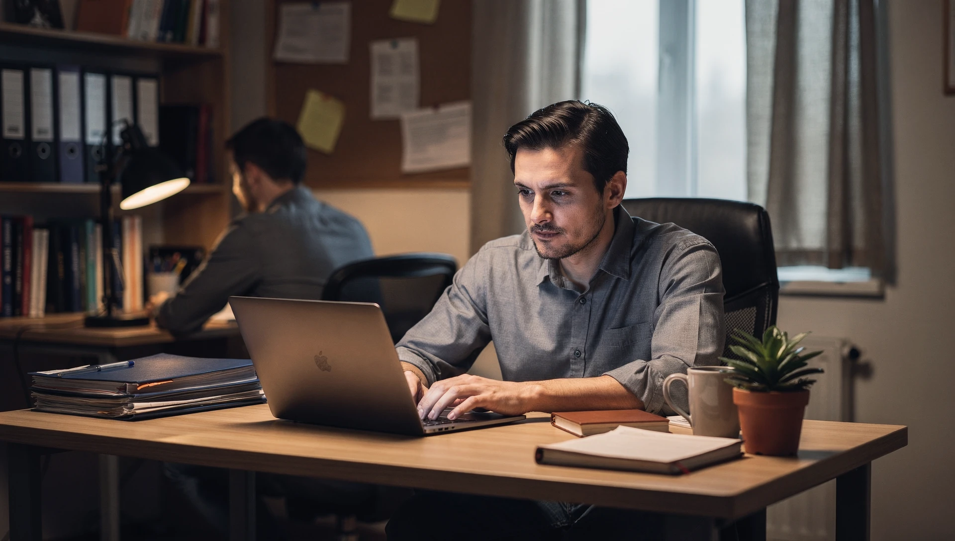 Dirigeant attentif face à un écran, bureau PME, lumière sobre