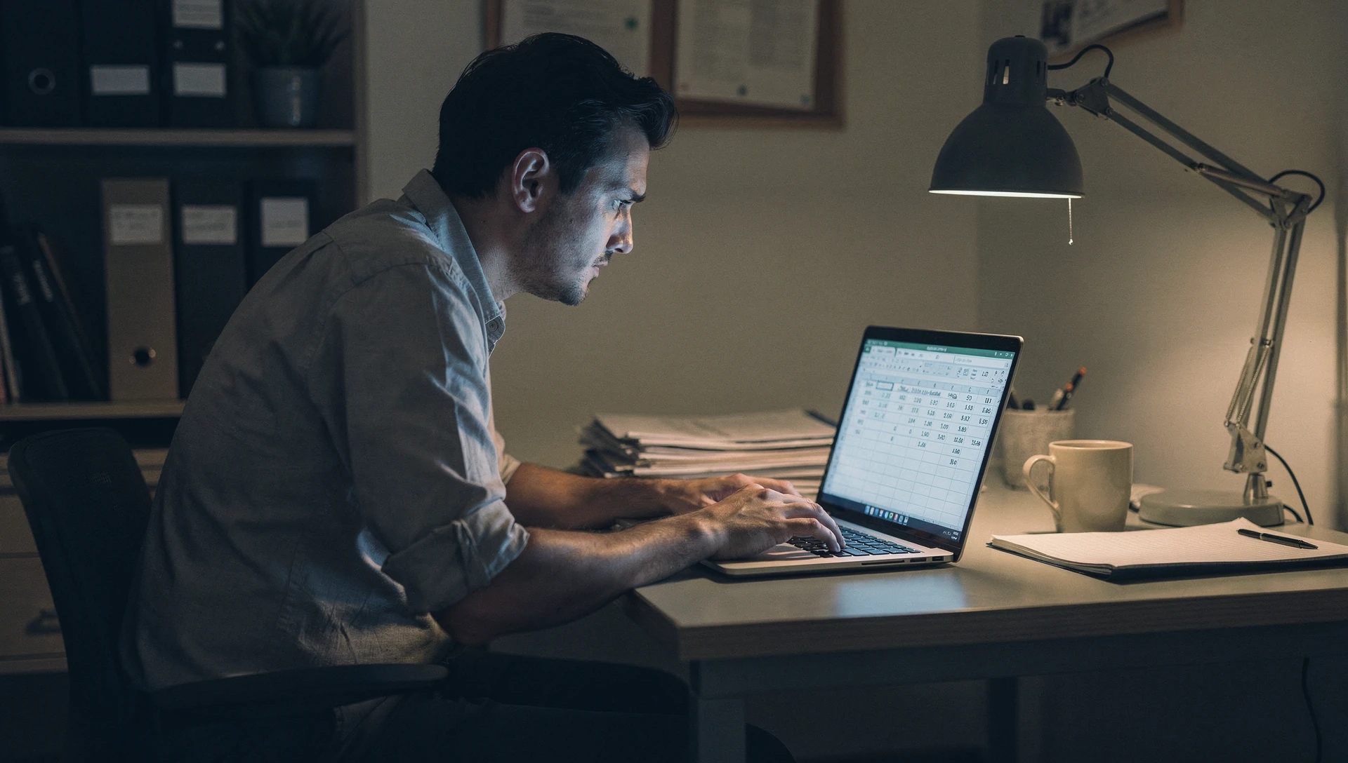 Dirigeant qui analyse une situation problématique, bureau PME