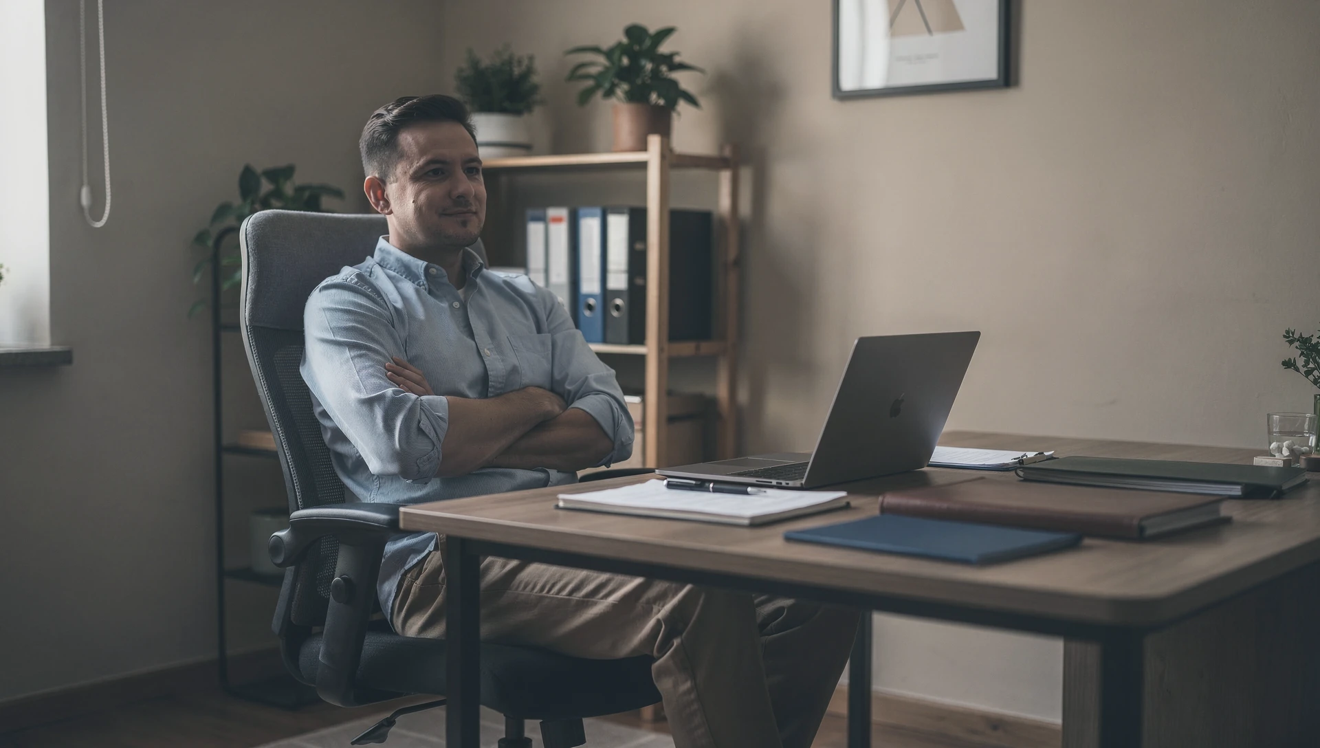 Dirigeant détendu et satisfait, bureau PME, ambiance calme