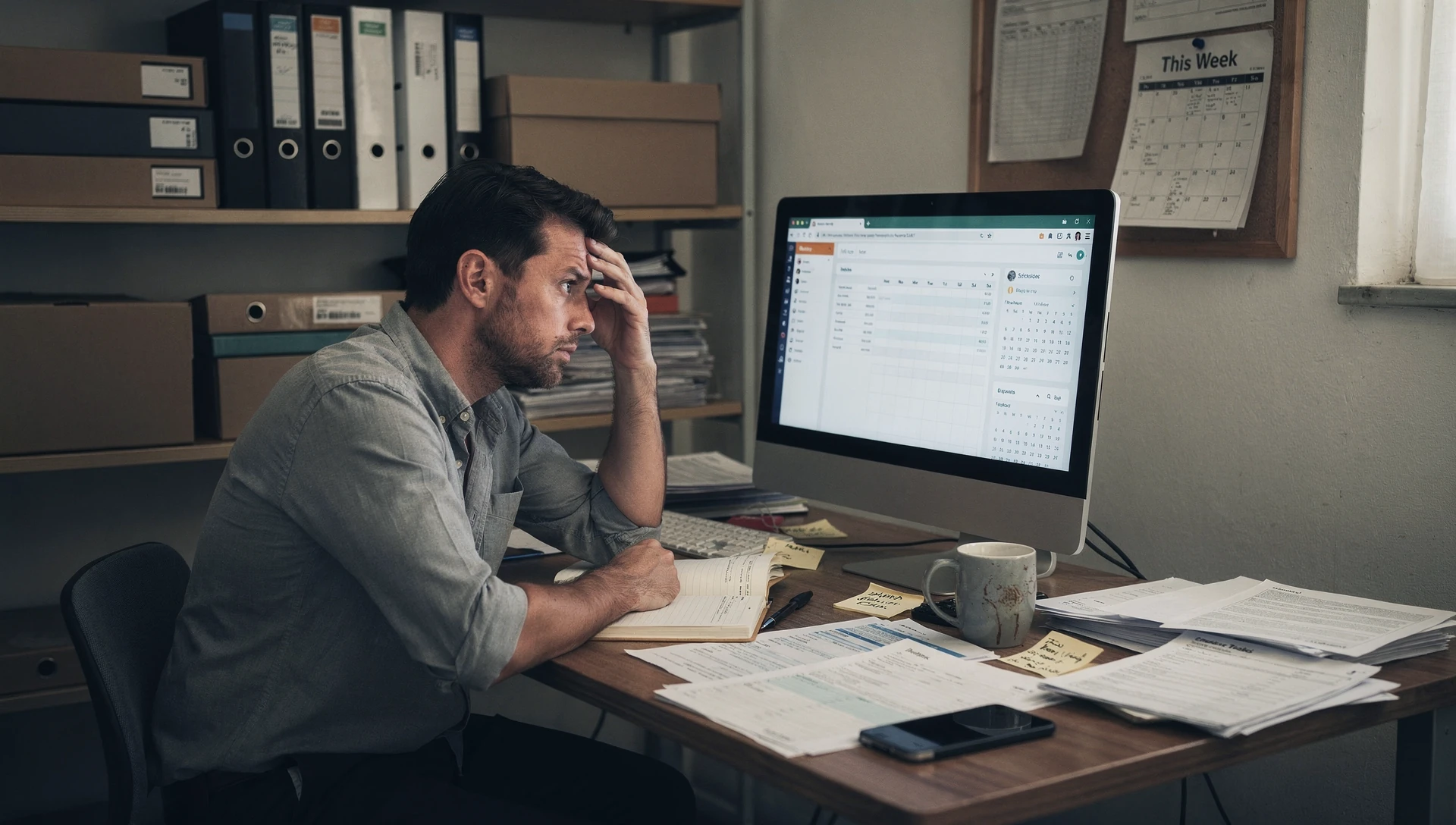 Dirigeant concentré face à son écran, bureau PME, expression préoccupée