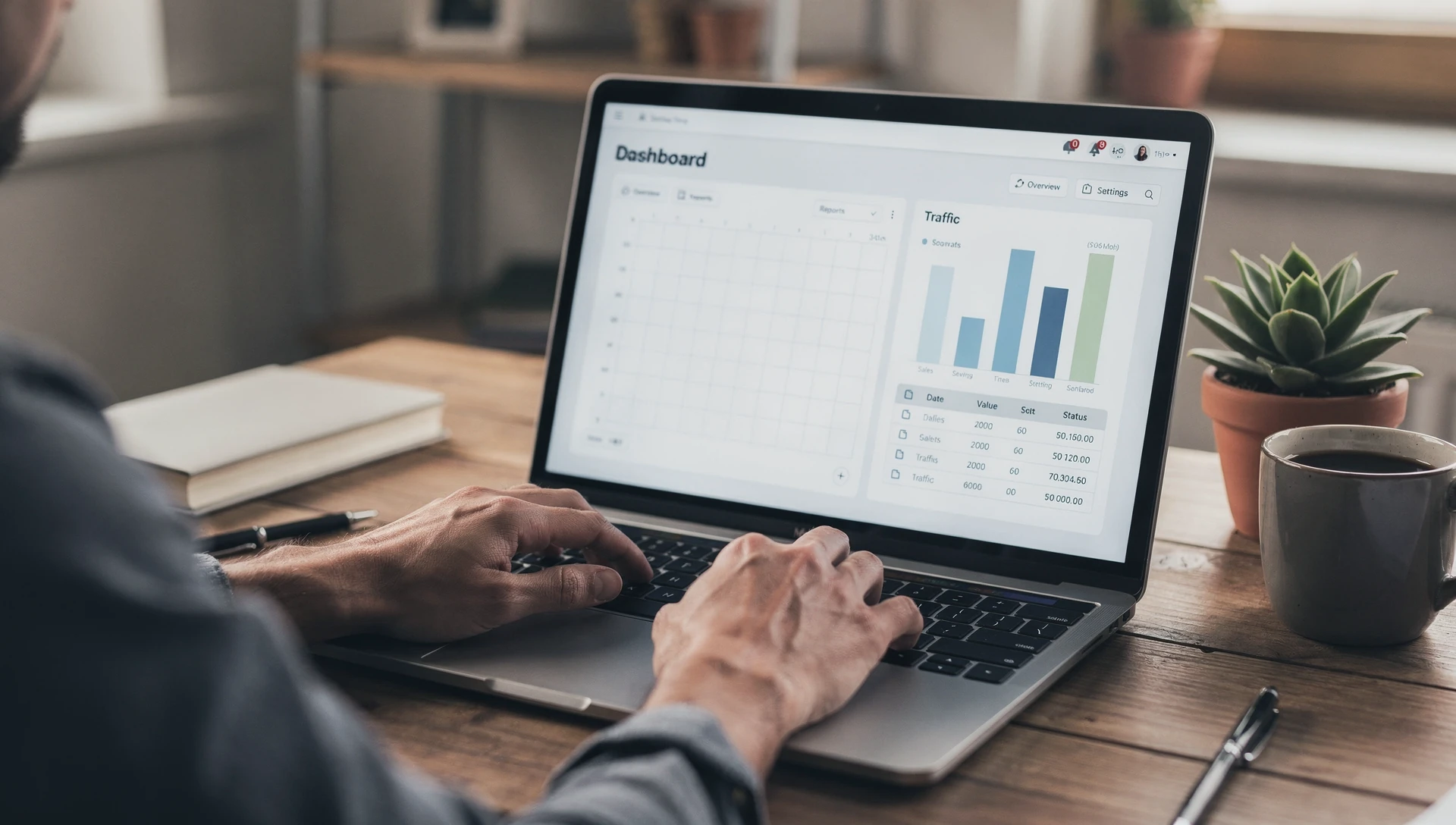 Mains sur clavier, dashboard visible à l'écran, bureau PME