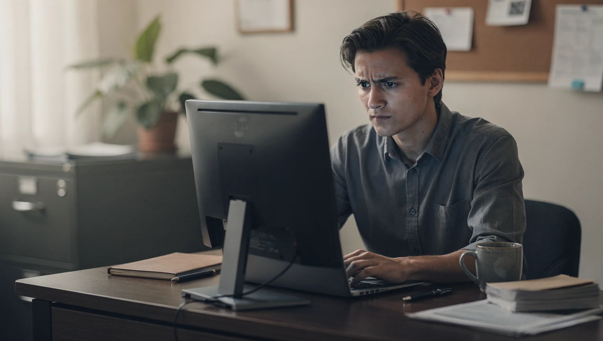 Collaborateur hésitant face à son écran, contexte bureau PME