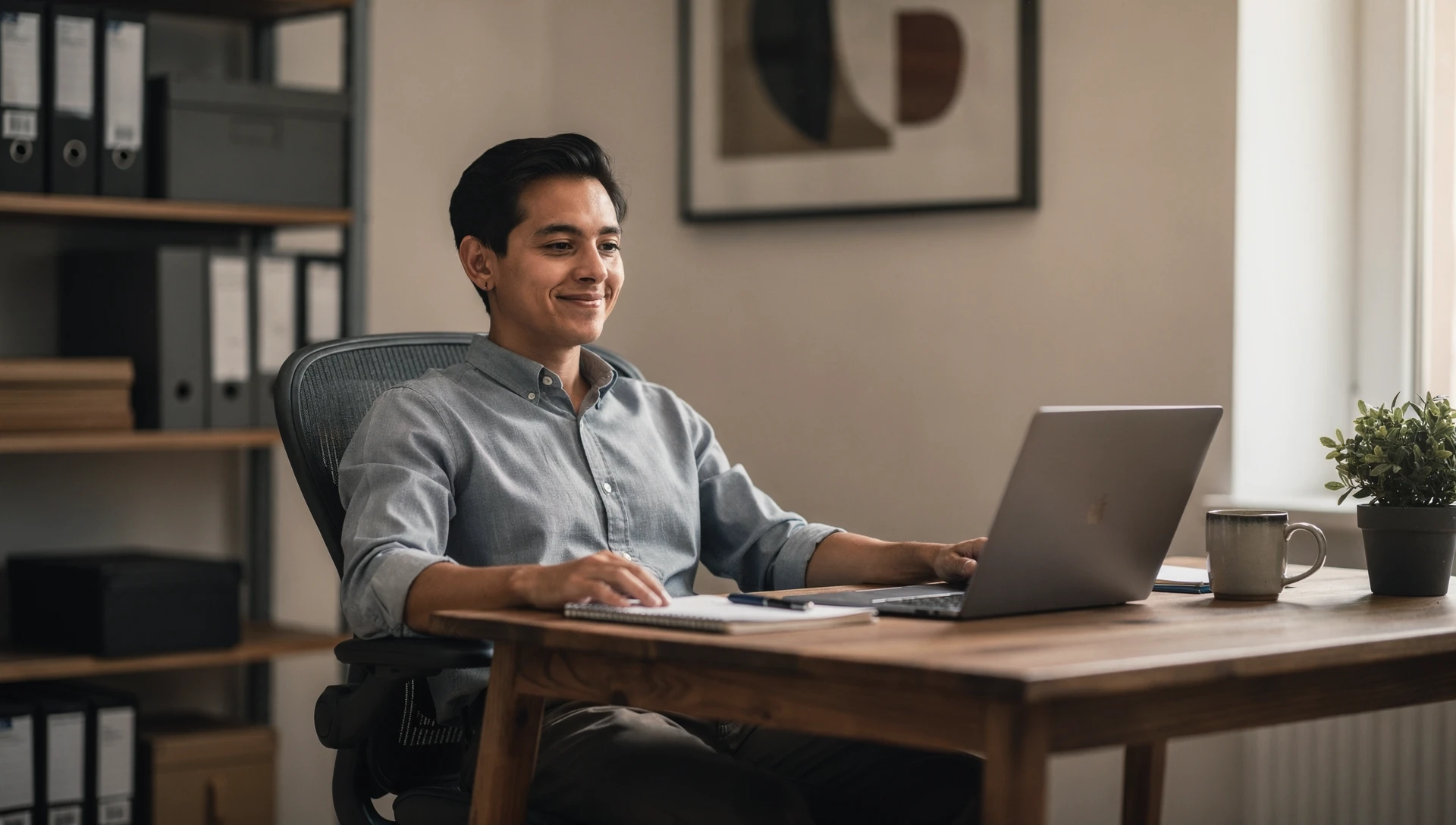 Dirigeant détendu face à son ordinateur, bureau PME, ambiance calme