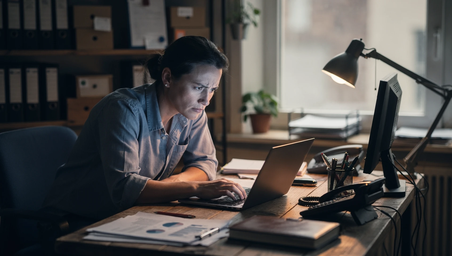 Dirigeant concentré face à son écran, contexte bureau PME sobre