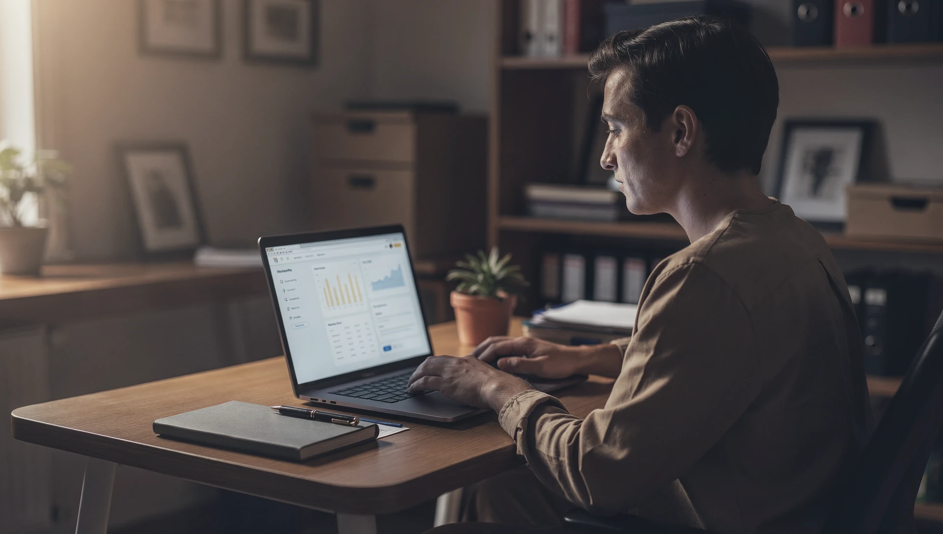Personne attentive face à un écran, lumière sobre, contexte professionnel PME